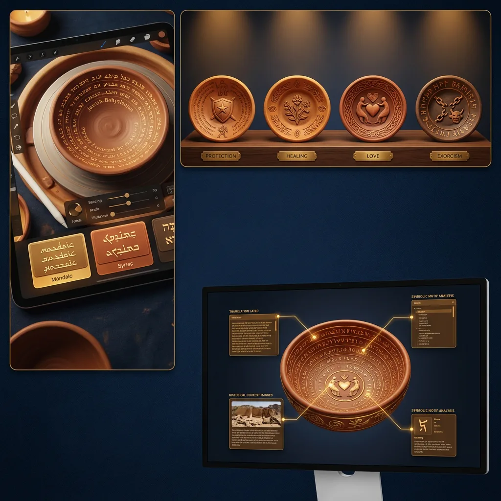 Multi-panel analysis showing Aramaic script generation, demon nomenclature database, and bowl text patterns