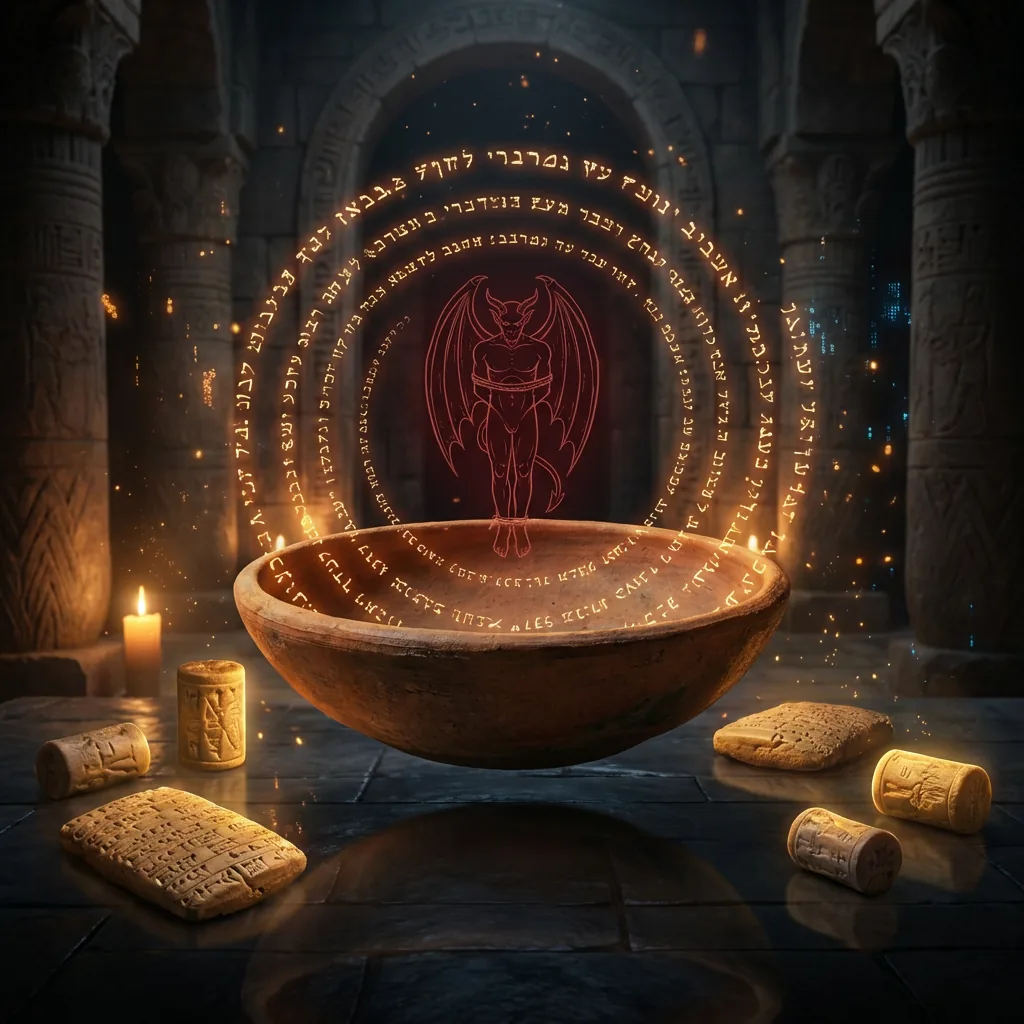 Incantation Bowl Generator showing spiral Aramaic text on a ceramic bowl with demon binding formulae