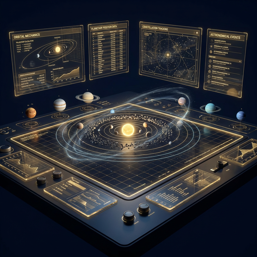 Multi-panel astronomy dashboard showing orbital mechanics, planet positions, and real-time event tracking